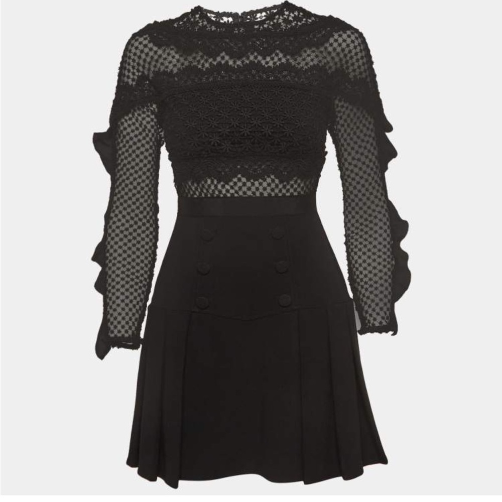 Self-Portrait Black Long Sleeve Lace and Crochet Mini Dress